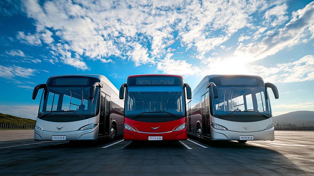 Buses parked in an open field