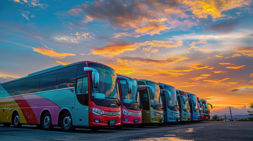 Colorful buses at sunset